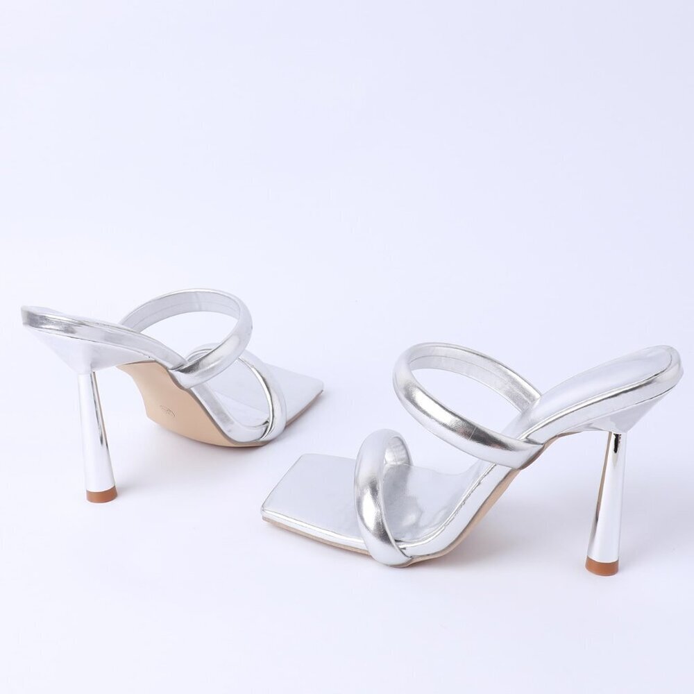 Silver Elegant Women's High Heel Square Toe Sandals - Picture 7 of 8